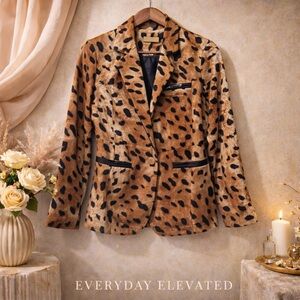 Beulah Leopard Print Blazer Jacket Brown Black Faux Suede Look Button Front